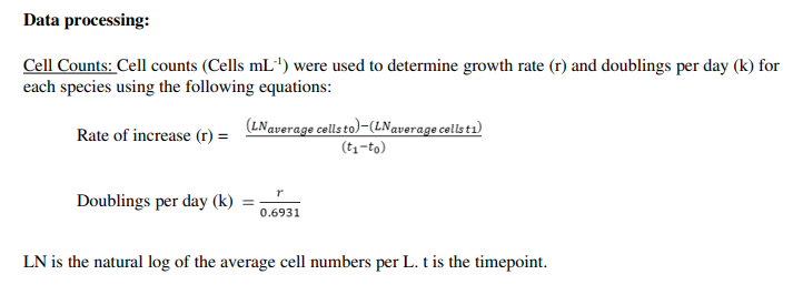 Cell Count formulas for growth rate (r) and doublings per day (k) for each species.